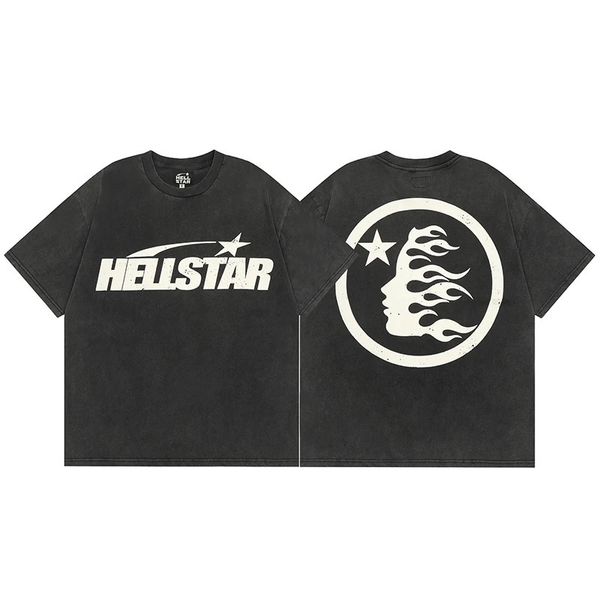 Hellstar Studios arriva con una T-shirt in cotone con lettera bianca stampata etichetta O-collo oversize lavata da uomo nera a maniche corte TEE 231211