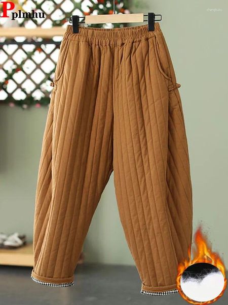 Calças femininas inverno algodão acolchoado harem elástico cintura alta mulheres quentes grossas pantalones oversize tornozelo-comprimento mãe calças