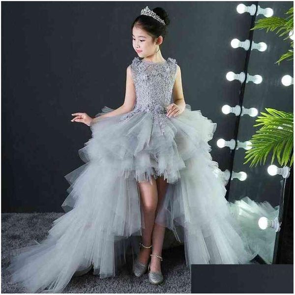 Abiti da ragazza Bambina per bambini Lungo Trailing Prom Abiti Tle grigi Appliques Pizzo Abito da laurea per bambini Abito da sposa per adolescenti Abito da damigella d'onore G12 Otn2R