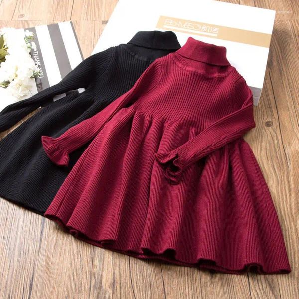 Mädchen Kleider Mädchen Pullover Kleid Samt Herbst Winter High Neck Bodenbildung Kinder Gestrickte Prinzessin Rot Teenager Kleidung