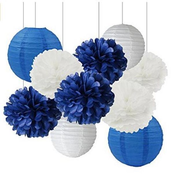 12pçs tecido misto azul marinho branco pom poms pendurado lanterna de papel casamento chá de bebê decoração de berçário flower8957911
