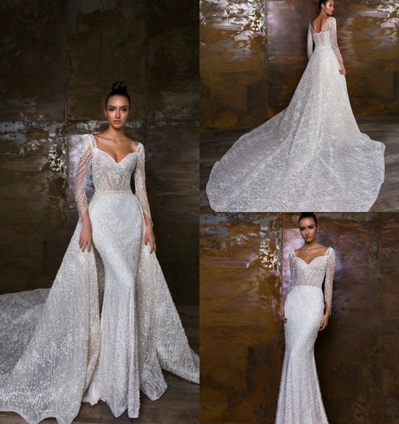 Abiti da sposa a sirena dal design in cristallo con strascico staccabile scollo a V applicazioni in pizzo perle abito da sposa manica lunga paillettes abito da sposa