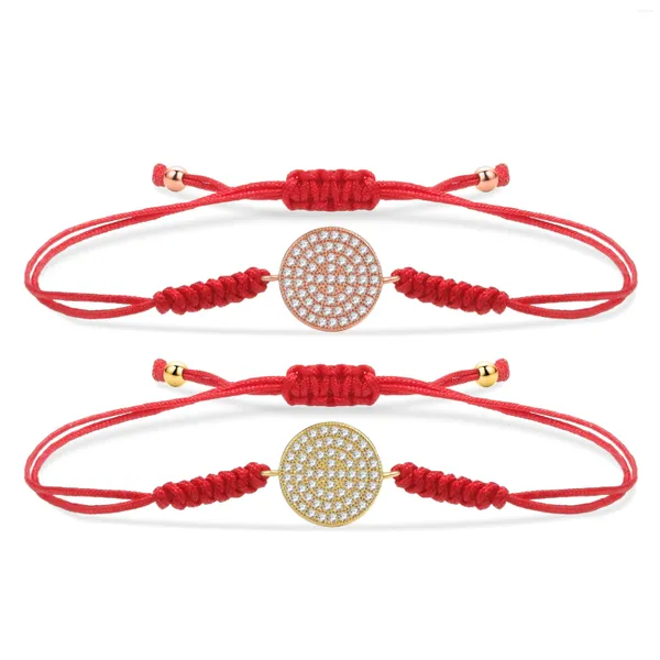 Charme pulseiras zircônia cúbica cristal redondo círculo discos pulseira mulheres completa cz pedras cordão vermelho macrame artesanal jóias presente