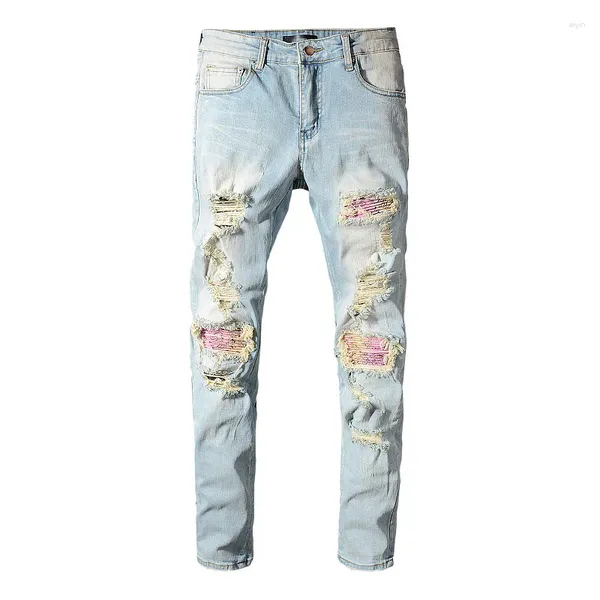 Jeans da uomo azzurro effetto consumato slim fit streetwear bandana rosa patchwork skinny elasticizzato fori High Street strappato