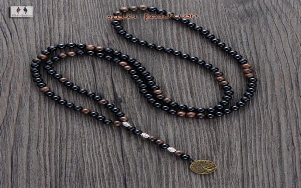 Colar masculino de qualidade 6mm, contas de madeira de ágata preta com pingente de árvore, colar de rosário masculino, contas de madeira, joias masculinas 8960014