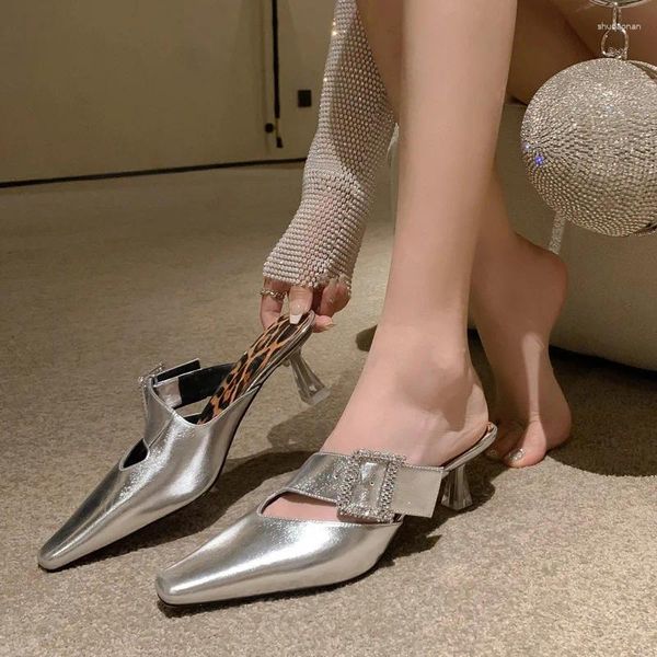 Slippers Water Diamond Square Buckle Crystal High Heels 2023 Spring Headed Cowhide Baotou External Wearing For Women