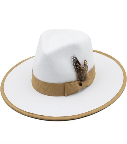 Fedoras de penas branco outono fascinator chapéu para mulheres moda aba plana senhora igreja chapéus festa felted jazz boné chapeu feminino1512708