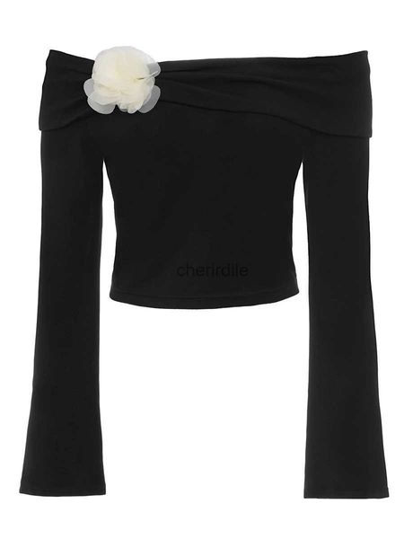 Damenblusen, Hemden, schulterfreie Oberteile für Damen, abgeschnittenes 3D-Mesh-Blume-Flare, lange Ärmel, U-Boot-Ausschnitt, Show-T-Shirts, modisch, täglich, YQ231211