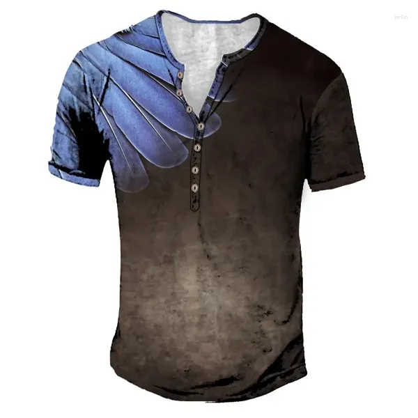 Erkek Tişörtleri Yaz Henley Wing 3D Baskı Sokak Giyim Moda Vintage Kısa Kollu Düğme Gömlek Erkek Tees Üstleri Giyim