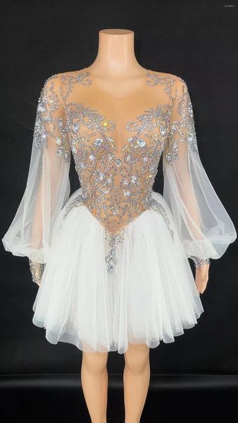 Saias elegante tule saia brilhante strass puff manga vestido curto mulheres celebrar casamento aniversário desempenho dança traje