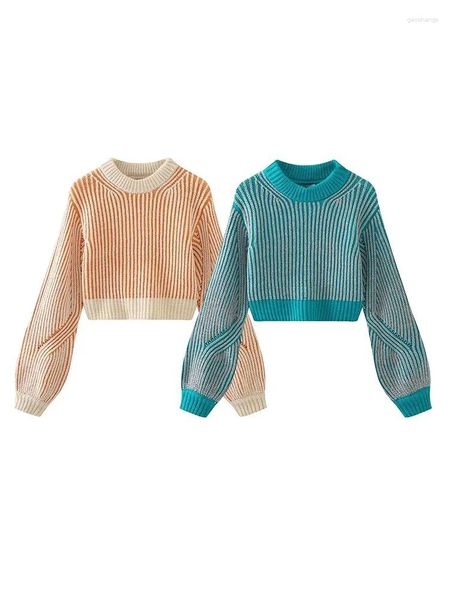 Женские свитера, пуловер, вязаный свитер, женский осенний контрастный вязаный топ 2023, короткий зимний джемпер в полоску
