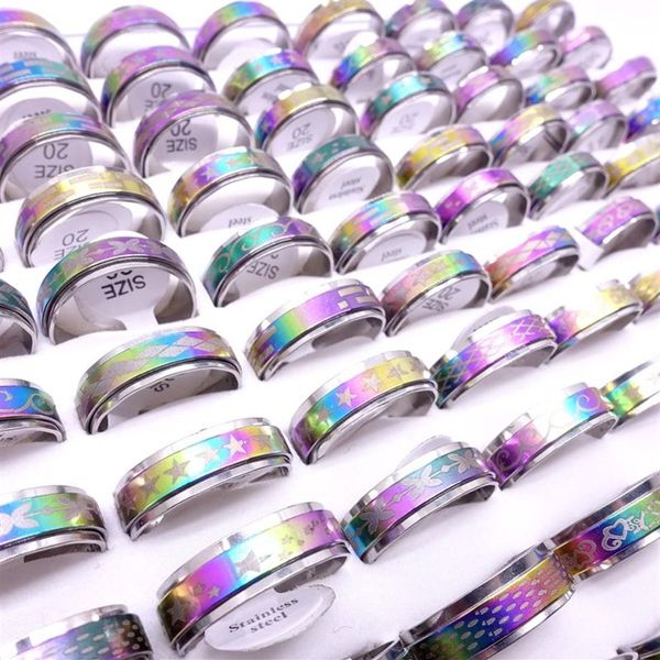 Wholesae 100 peças lote de aço inoxidável giratório banda anéis giratórios multicoloridos laser impresso mix padrões moda jóias girador festa 250z