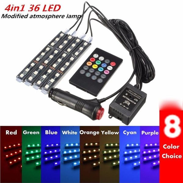 RGB 36 LED Carica per auto 12V 10W Glow Interni decorativi 4in1 Atmosfera Blu All'interno del piede Lampada della luce Controllo remoto della musica314w