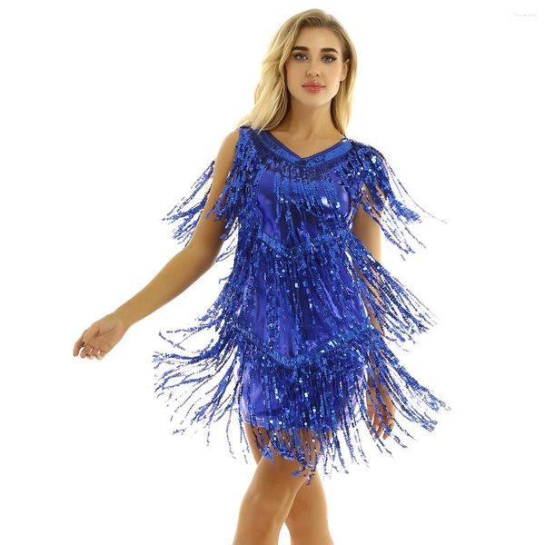 Bühnenkleidung, Pailletten-Quasten, lateinamerikanisches Kleid für Damen, glitzernde Fransen, Ballsaal, Samba, Tango, Tanz, Rave-Kostüm