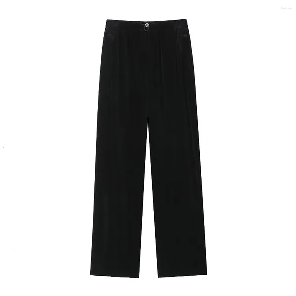 Calças femininas chique veludo solto preto 2023 outono puxando corda mid-rise calça simples versátil para mulher