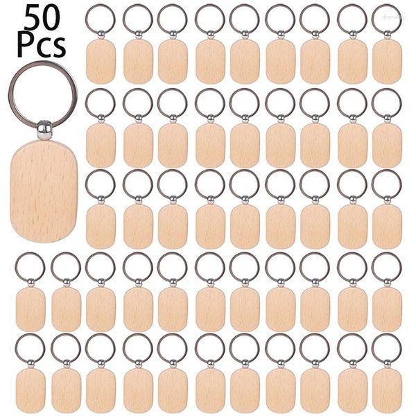 Schlüsselanhänger 50 Stück Blanko-Holz-Schlüsselanhänger zum Bemalen zum Basteln, rechteckige Holz-Schlüsselanhänger, Ringe