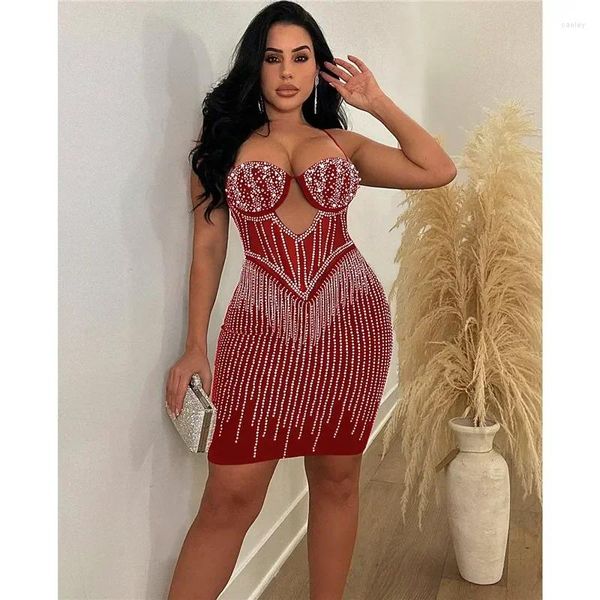 Sıradan Elbiseler Lüks Sıska Kadın Seksi Rhinestone Mesh Patchwork Party Sırtsız Korse Elmaslar Gece Kulübü Kayma Doğum