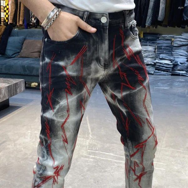 Jeans masculinos 2023 outono casual retro bordado designer homens europeu rua jean homme hip hop calça punk motocicleta