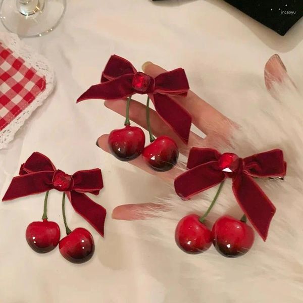 Acessórios para cabelos 2pcs Red Velvet Bow Cherry Clips Girls Sweet Bowknot Tassel Kids Hairpin Vintage Barrettes Headwear