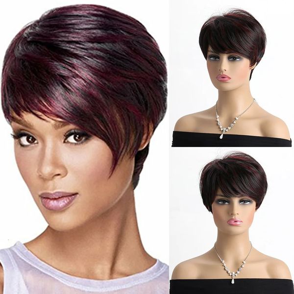 Parrucche sintetiche Parrucca nera mista con capelli sintetici rossi viola Parrucche corte diritte da donna Parrucche naturali Rosa Mesh Uso quotidiano Copricapo per cosplay per feste 231211