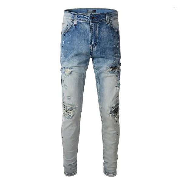 Jeans masculinos luz azul angustiado fino ajuste graffiti streetwear bandanna costelas retalhos magro estiramento buracos high street rasgado