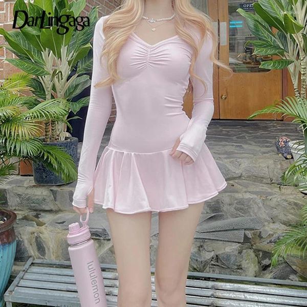 Casual Kleider Süße Rosa Falten Herbst Kleid Frauen Koreanische Mode Kokette Kleidung A-Line Mini Nette Harajuku Solide Preppy