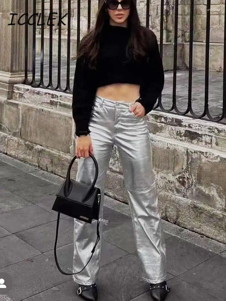 Damenhose Silber PU Frauen Hohe Taille Taschen Gerade Hose Kunstleder 2023 Y2K Mädchen glänzend weiblich