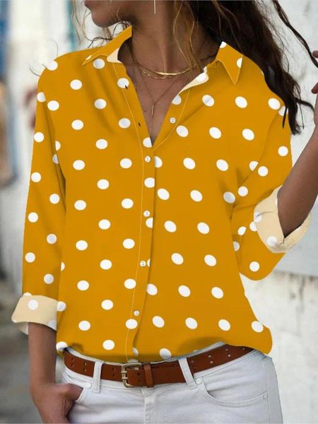 Damenblusen 2024 Elegante Damenbluse Mode Polka Dot Print Langarm Bürohemd Top Frühling Sommer Casual Button Lady Tops Und