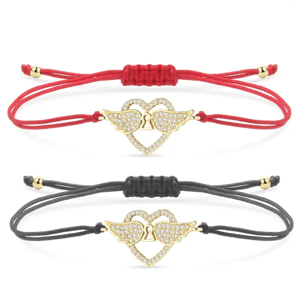 Braccialetti con ciondoli Cristallo CZ Ottone Cuore d'amore con ala di angelo Bracciale Donna Ragazza Trendy Cubic Zirconia Zircone Piuma Corda rossa Gioielli