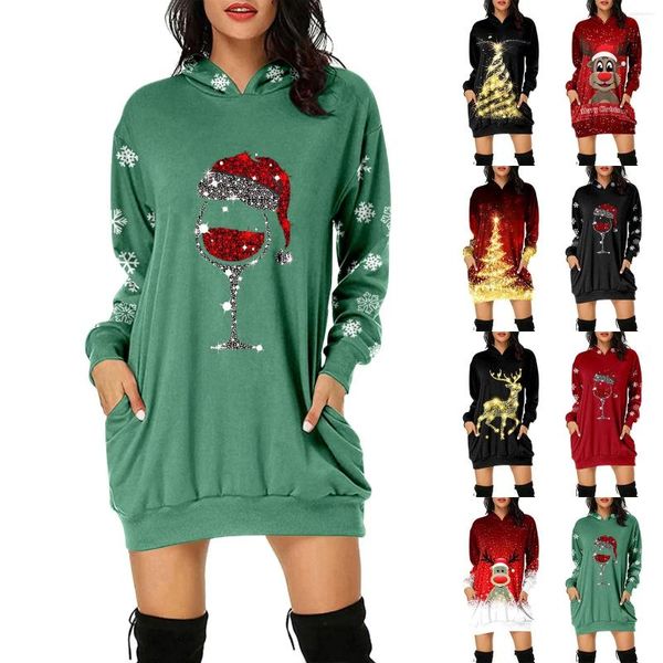 Casual Kleider Frauen Mode Vintage Frohe Weihnachten Print Kleid Langarm Hoodies Paket Hüfte Pullover Taschen Pailletten