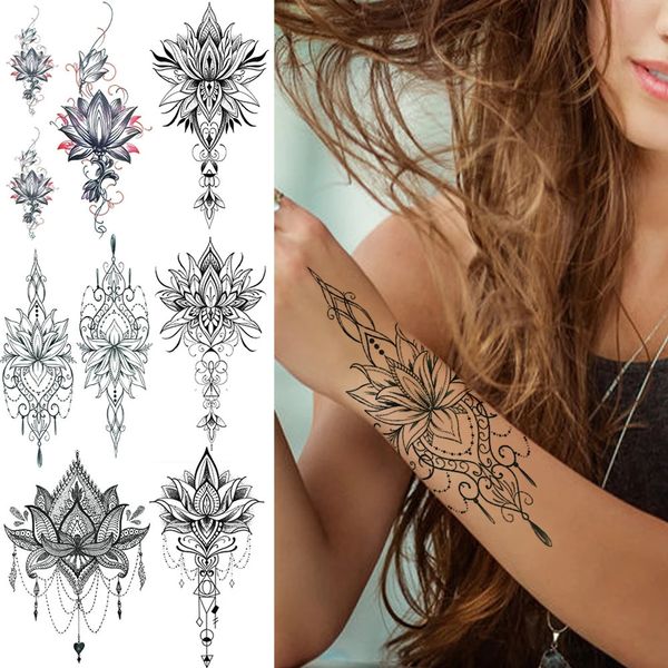 Tatuaggi temporanei Tatuaggio all'hennè Lotus per le donne Catene di gioielli finti Fiore nero Body Art Abstract Tatoo Sticker Trasferimento Ragazza 231208