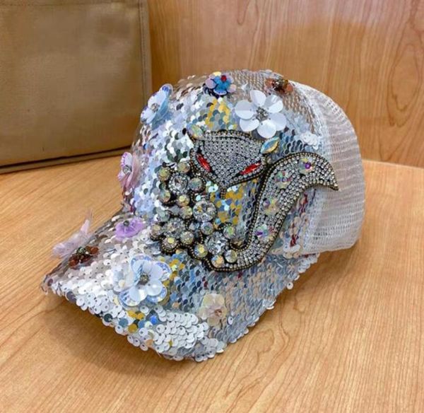 2022 gorra de béisbol con diamantes de imitación rojo rosa zorro femenino lentejuelas de verano sombrero de color protector solar sombrero para el sol 7947738