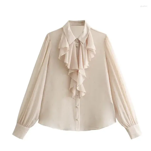 Damenblusen Herbsthemden Tops 2023 Beige Chiffon Chic Cascading Revers Langarm Mode Jugend