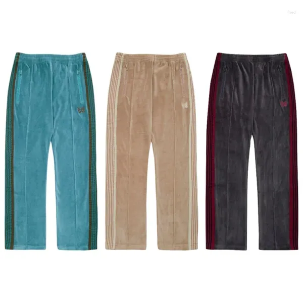 Pantaloni da uomo 2023ss Aghi di velluto Pantaloni sportivi con nastro rosso grigio scuro Uomo Donna 1:1 Coulisse Ricamo Farfalla AWGE