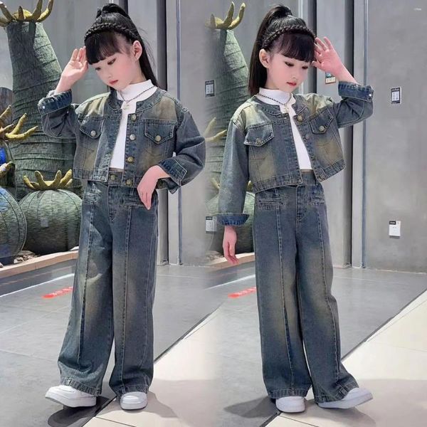 Conjuntos de roupas Meninas Primavera e Outono Denim Set 2023 Mid Size Big Childrens Fashion Two-Peça