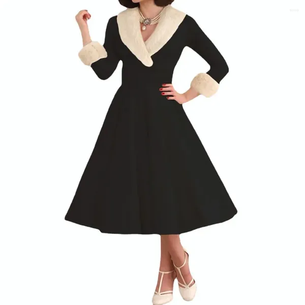 Lässige Kleider Vintage A-Linie Kleid Elegantes Midi mit Dreiviertelärmeln V-Ausschnitt Kunstpelzsaum für den Herbst-Winter-Damenball