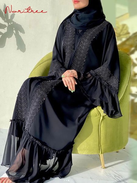 Roupas étnicas Moda Lace Costura Muçulmana Abaya Dubai Comprimento Completo Manga Flare Turquia Islam Robe com Cinto WY1391 231208