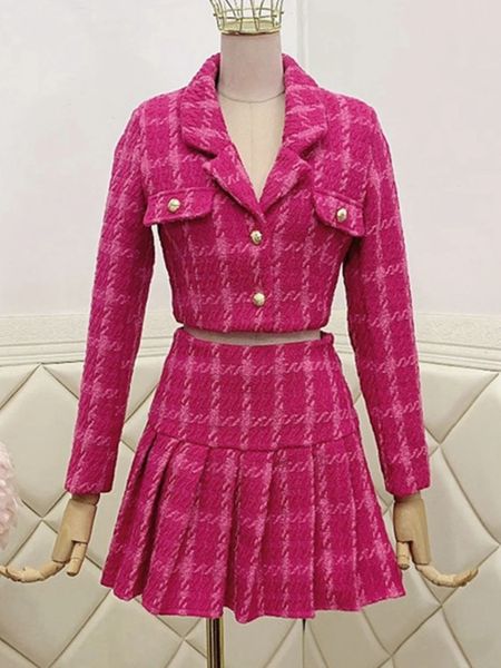 Vestido de duas peças queda pequena fragrância vintage tweed duas peças conjunto mulheres colheita top de lã jaqueta curta casaco mini saias conjuntos doce 2 peças ternos 231211