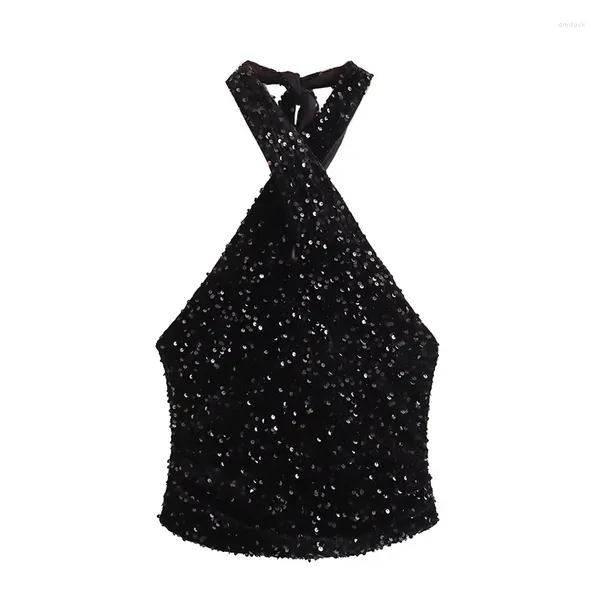 Canotte da donna Velluto Halter Top femminile con spalle scoperte Paillettes Donna Y2K Canotte senza schienale per la donna sexy 2024