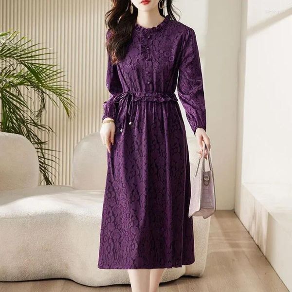 Vestidos casuais elegante cordão a linha midi vestido vintage jacquard tecer roupas femininas elegantes dobras primavera outono o-pescoço