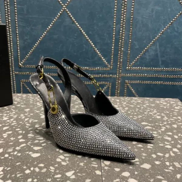 Alfinete de segurança com strass embelezados com strass, sapatos sociais, salto alto, sandálias de bico fino, designer de luxo feminino, sapato de estilingue, sapato de noite, sapatos de fábrica