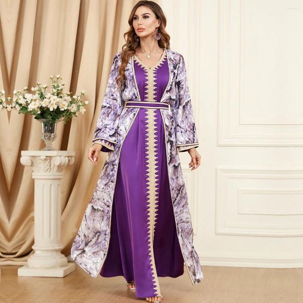 Roupas étnicas Dubai Turquia Mulheres Muçulmanas Imprimir Maxi Vestido 2 Peças Set Marrocos Vestido de Noite Islâmico Jalabiya Eid Ramadan Robe Kaftan Abaya