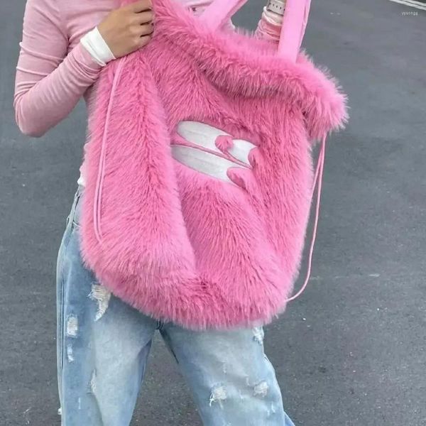 Borse da scuola Zaino in peluche con coulisse autunno inverno Moda coreana Borsa a tracolla da donna estetica rosa Y2k ad alta capacità