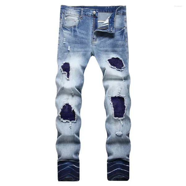 Erkek kot pantolon mavi kristal denim sokak kıyafeti yamaları delikler yırtılmış streç pantolon ince konik pantolon