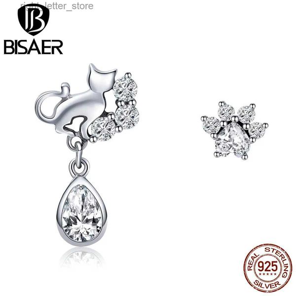 Stud BISAER Vendita calda 925 Sterling Silver Cat Footprints Animal Clear CZ Orecchini a bottone per le donne Orecchini moda gioielli ECE424 YQ231211