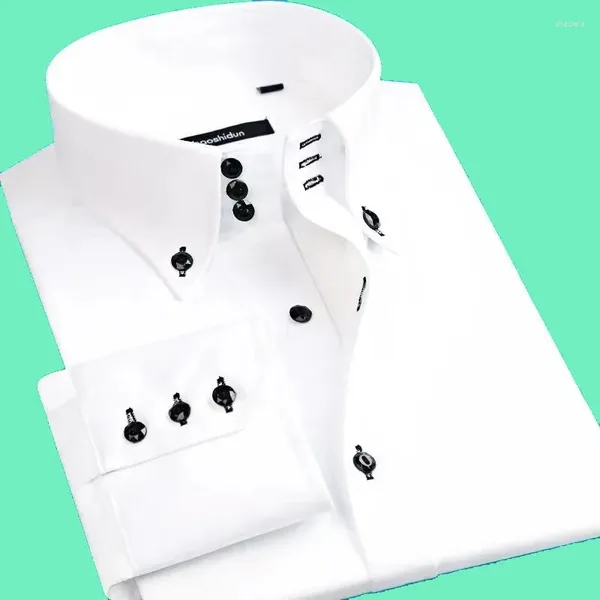 Camisas de vestido masculinas manga comprida forrada camisa de botão de cristal elástico de alta qualidade lazer de negócios slim fit tendência