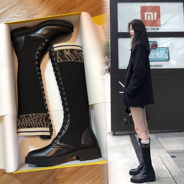 Luxo joelho alto cavaleiro botas longas para mulheres outono inverno tricô meias elásticas botas senhoras moda casual sapatos de plataforma feminino