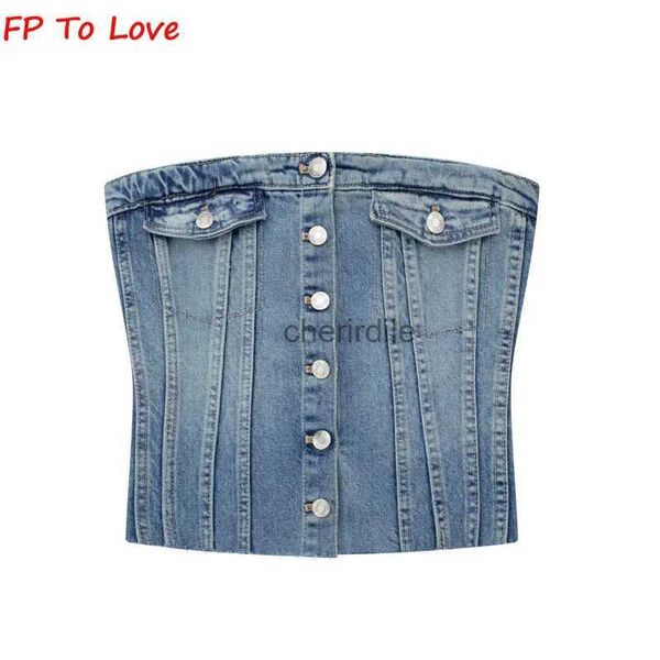 Camicette da donna Camicie Vintage Denim Top senza spalline Corsetto tubolare Blu monopetto Sexy Petto corto Backless Elastico con spalle scoperte Donna 8197110 YQ231211