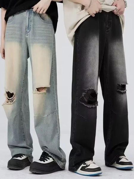 Jeans masculinos homens desgastados buraco retro hip hop estilo americano casal versátil nostálgico esfregando pantalones na moda adolescentes vibe branqueada