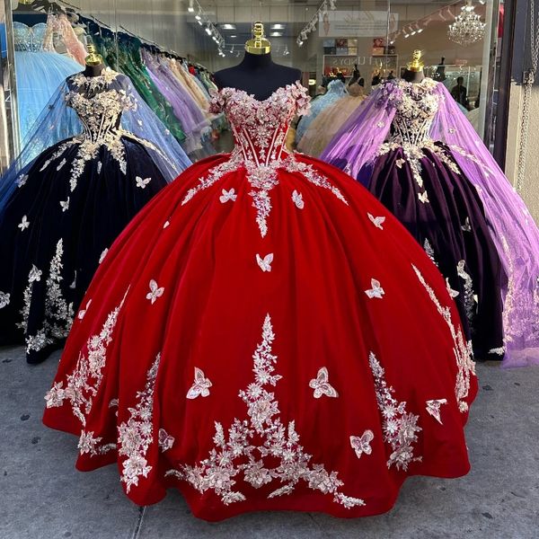 Rotes Prinzessin-Schatz-Ballkleid-Quinceanera-Kleid mit Perlen und Goldapplikationen, Spitze, Schleife, schulterfrei, Partykleider, Vestidos de 15 Jahre